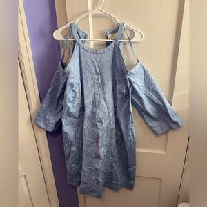 TED BAKER Size 5 Midi Dress Baby Blue Floral Cutout Shoulder